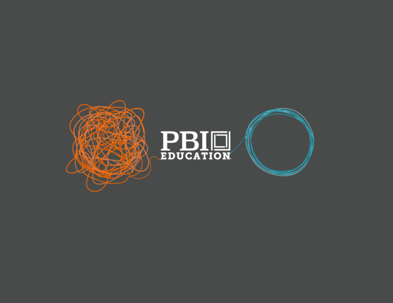 Orange ball of string going into PBI logo and blue circle of string coming out of PBI logo