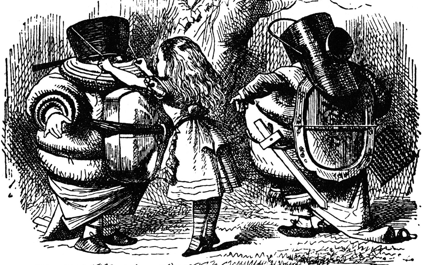 John Tenniel’s original illustrations of Tweedledee and Tweedledum, as they appeared in Lewis Carroll’s Through the Looking Glass (And What Alice Found There) (1871).